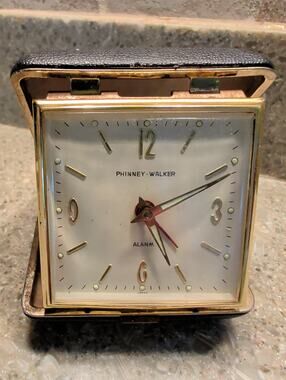 VTG Phinney-Walker Travel Alarm Clock Japan Black Leather Case Glow Dial WORKS